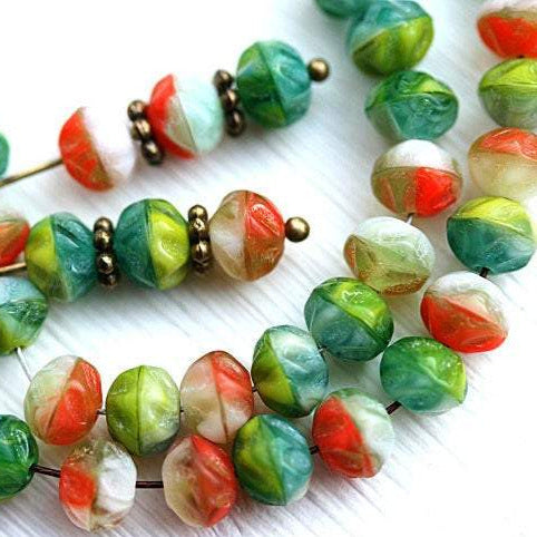 6x5mm Bright czech glass beads mix, Multicolored green orange fancy spacer donuts - 50pc