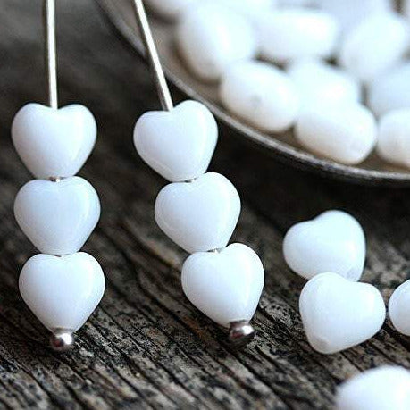 6mm White heart Czech glass beads, 40pc