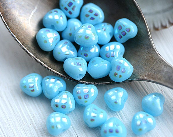 6mm Blue Heart, Sky Blue glass beads tiny with luster - 25pc