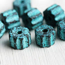 8pc Green Patina ceramic Wheel beads Heavy Patinated