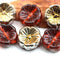 14mm Brown Topaz Pansy flower czech glass beads Golden coating - 6pc