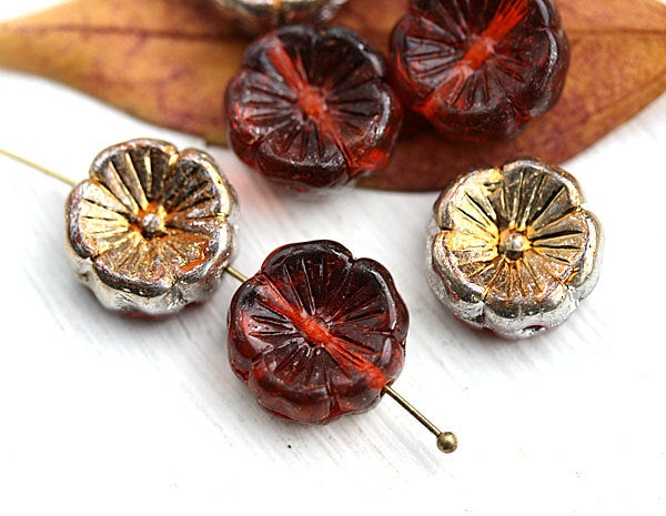 14mm Brown Topaz Pansy flower czech glass beads Golden coating - 6pc