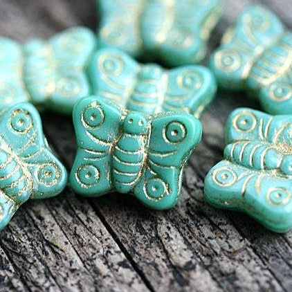 8pc Turquoise green Butterfly Czech Glass beads mix, golden inlays