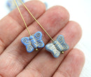 8pc Blue Gold Butterfly beads Dark blue glass beads golden inlays