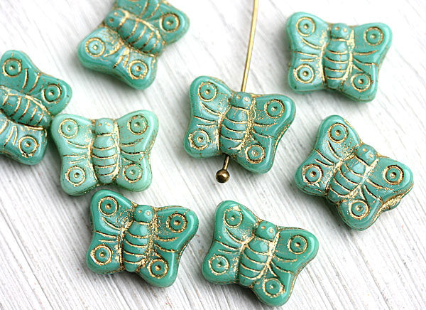 8pc Turquoise green Butterfly Czech Glass beads mix, golden inlays