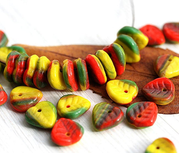 9mm Heart shaped leaf beads, Bright mix, Czech glass beads - 30Pc