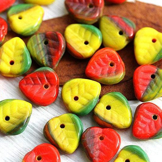 9mm Heart shaped leaf beads, Bright mix, Czech glass beads - 30Pc