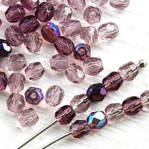 4mm Purple beads mix, Amethyst czech glass beads, fire polished spacers - 50Pc