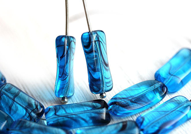18x10mm Aqua blue Rectangular czech glass beads Blue stripes 10Pc