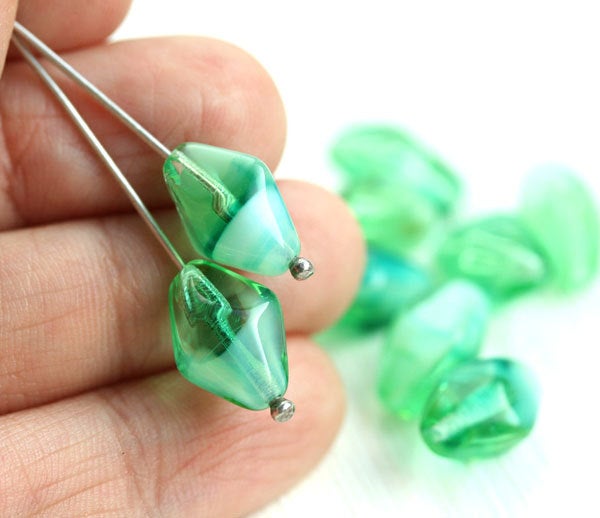 14x10mm Seafoam green bicone glass beads Crystal shaped - 12Pc