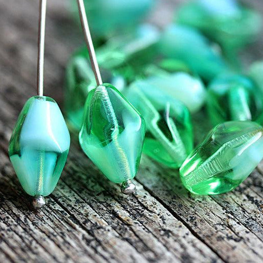 14x10mm Seafoam green bicone glass beads Crystal shaped - 12Pc