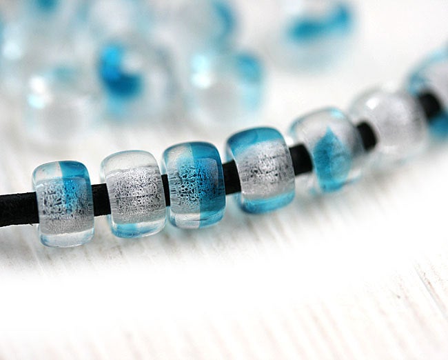 6mm Pony Crystal Clear and Blue Czech glass Roller beads, 2mm large hole, 50pc