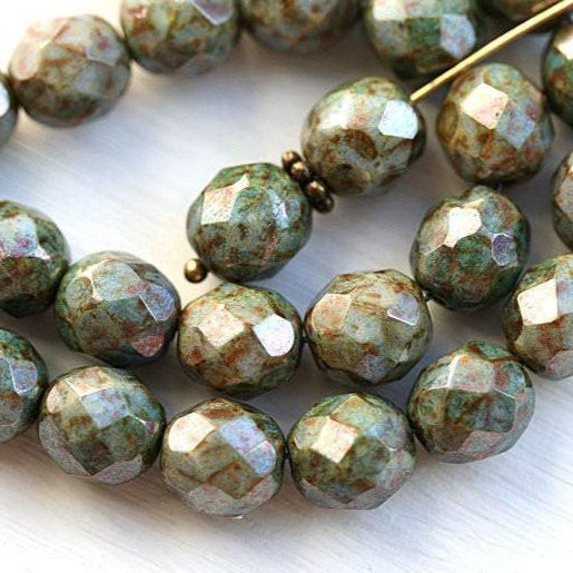 8mm Fire polished Picasso Luster Green, Czech glass round beads - 15pc