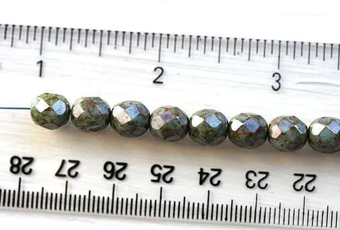8mm Fire polished Picasso Luster Green, Czech glass round beads - 15pc