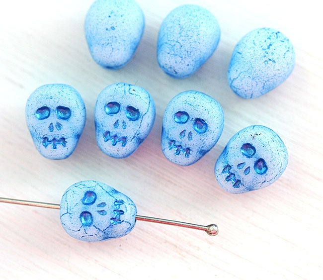 12mm Blue Skull Czech glass beads Halloween decor Skeleton Sugar Skull - 8Pc