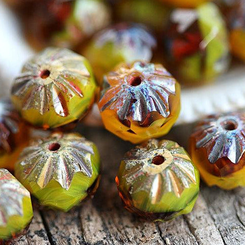 7x10mm Yellow brown rondelle Czech glass beads Picasso - 10Pc