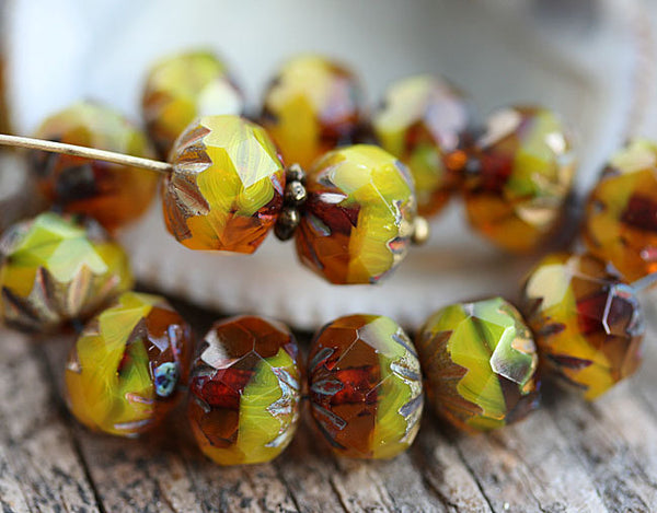 7x10mm Yellow brown rondelle Czech glass beads Picasso - 10Pc
