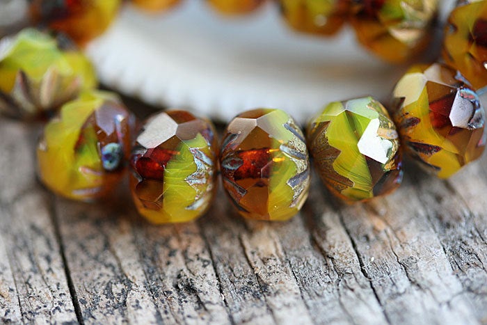 7x10mm Yellow brown rondelle Czech glass beads Picasso - 10Pc