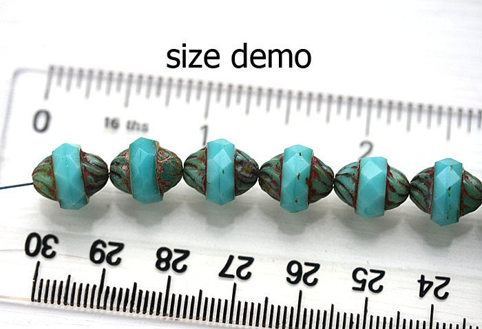 11x10mm Turquoise turbine beads Picasso Czech glass rustic fire polished faceted bicone - 8pc