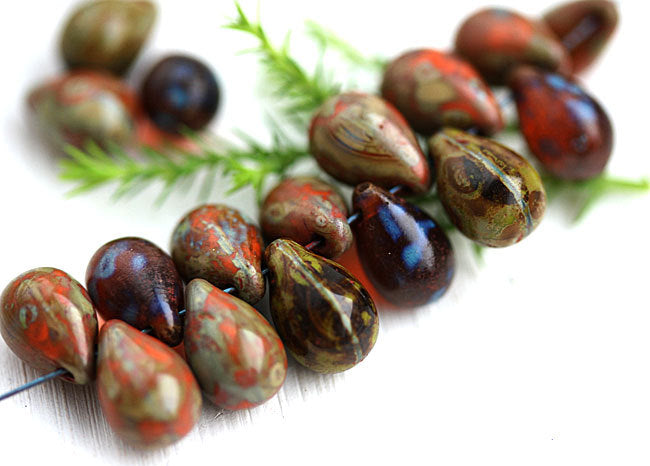 20pc Earthy colored teardrop glass beads mix, Picasso - 6x9mm