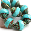 11x10mm Turquoise turbine beads Picasso Czech glass rustic fire polished faceted bicone - 8pc