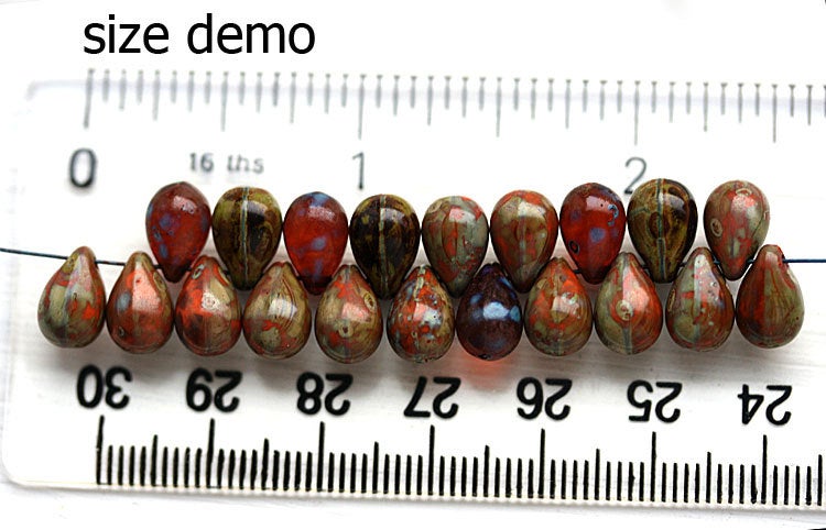 40pc Striped green czech glass teardrop beads - 6x9mm