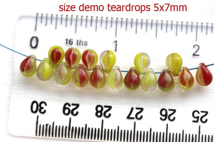 70pc Small yellow red teardrops, czech glass -  5x7mm