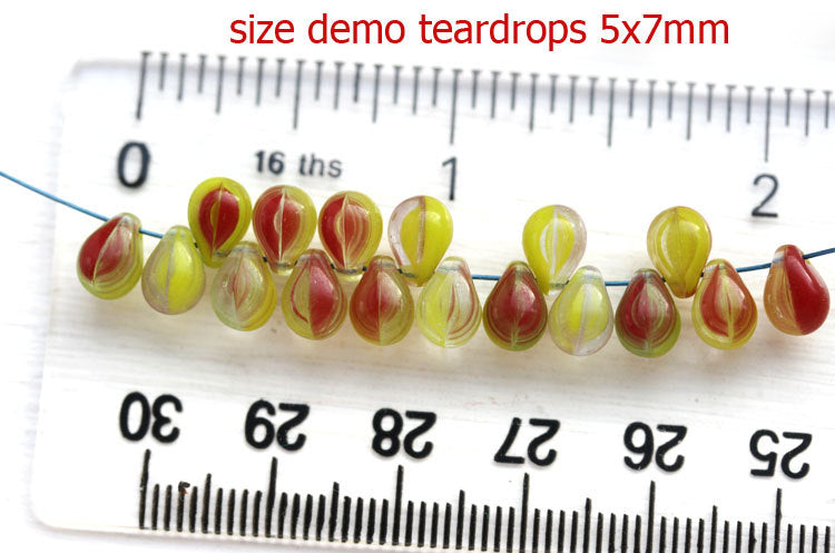 5x7mm Red Yellow czech glass drops Mixed color teardrop - 30pc
