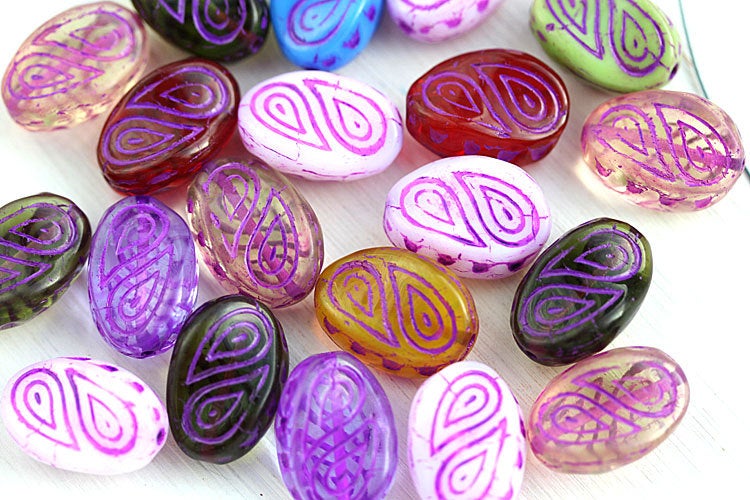 17x13mm Glass Beads mix, Purple inlays large oval beads - 10Pc