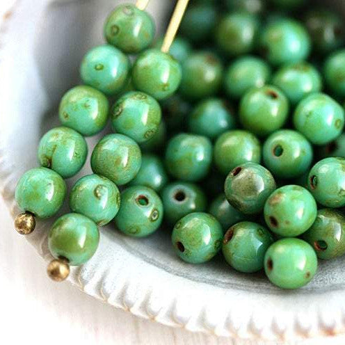 4mm Turquoise Green picasso round Czech glass beads - 50Pc