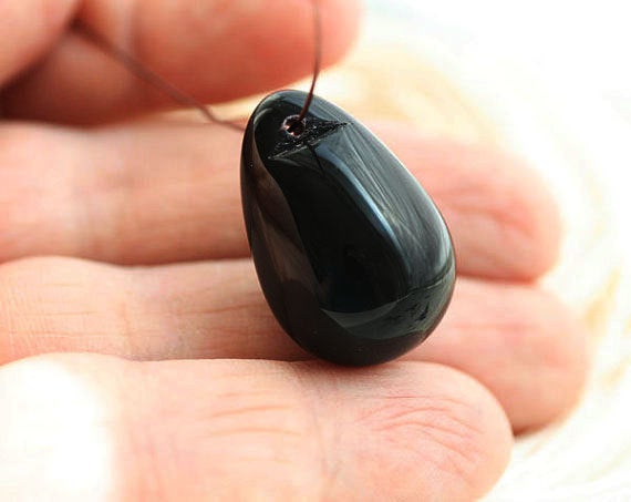 1Pc Black Teardrop bead, czech glass black drop, large Briolette - 17x26mm
