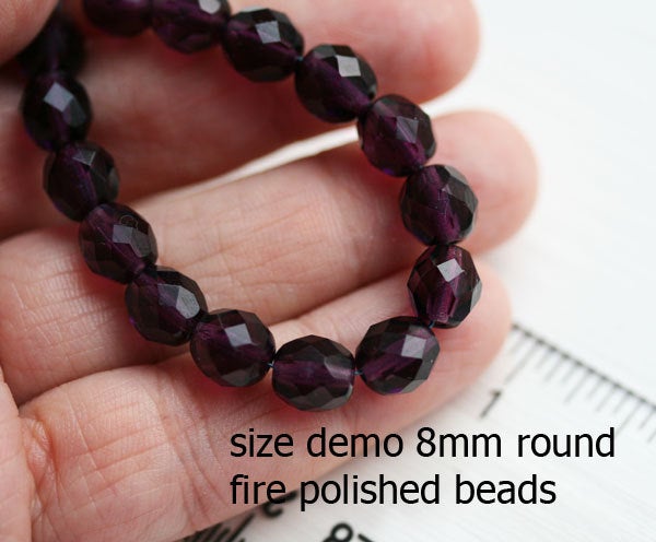 8mm Light grey glass Czech round beads, fire polished, faceted - 15Pc
