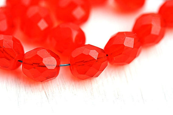 8mm Light Red round Czech glass beads, fire polished faceted - 15Pc