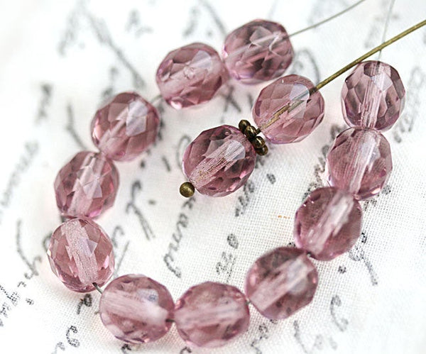 8mm Light Amethyst Purple Czech round fire polished, faceted round beads - 15Pc