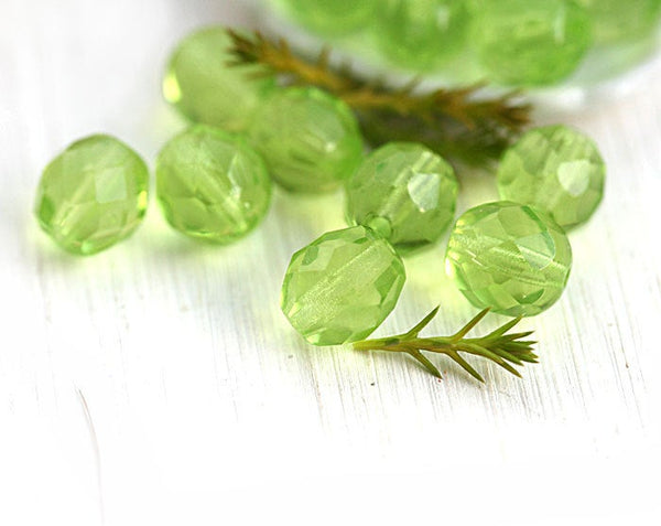 8mm Light green Czech round fire polished faceted beads - 15Pc