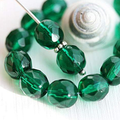 8mm Dark Teal green round Czech glass fire polished faceted beads - 15Pc