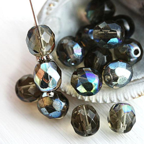 8mm Dark grey AB finish Czech round beads fire polished faceted beads - 15Pc