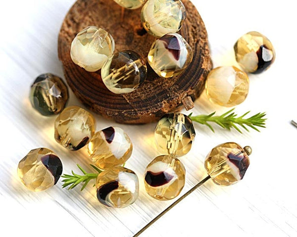 8mm Tortoise Czech round fire polished yellow and black faceted beads - 15Pc