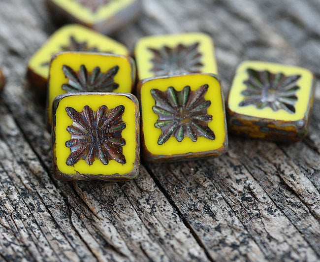 10mm Yellow Square Czech glass beads, picasso finish - 8Pc