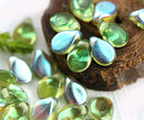 5x7mm Olivine PiP beads, Olive Green, AB finish czech glass flat drops - 40Pc