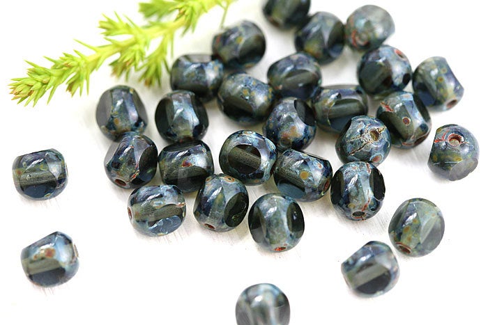 6mm Picasso Olive green Czech glass beads, fire polished round cut - 30pc