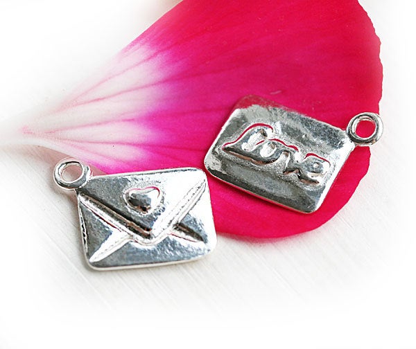 Sterling Silver Love Letter charm Silver envelope sterling silver heart, True Love - 1pc - F435