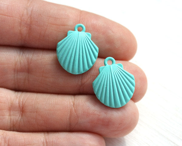 2pc Turquoise Green Puffy Shell charms, Painted Metal Casting