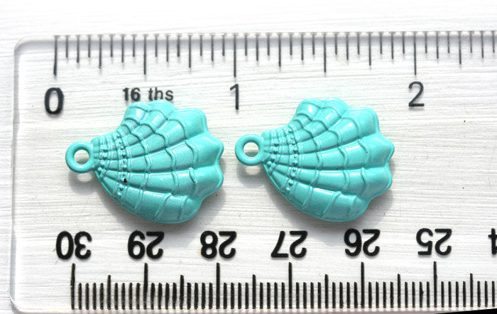 2pc Turquoise scalloped Shell charms Painted Metal Casting