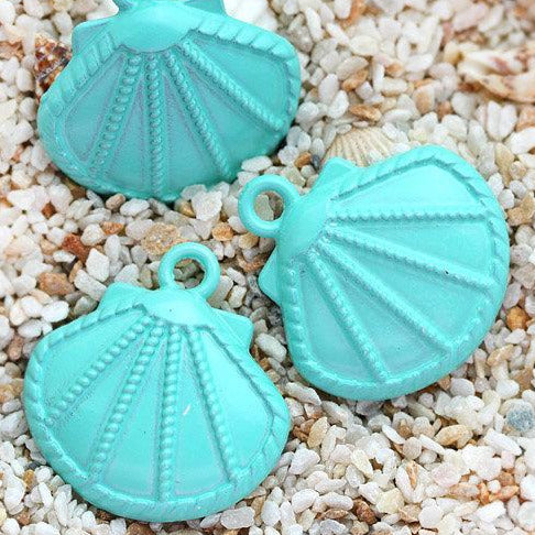 3pc Large Turquoise Oyster Shell charms, Painted Metal Casting
