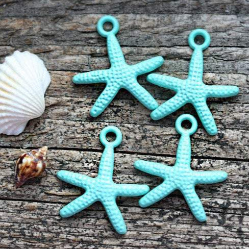 4pc Turquoise Green Starfish Charms Painted Metal Casting