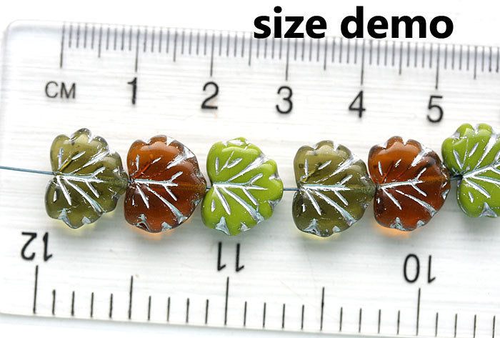 11x13mm Mixed green Maple leaf beads, Olive green Czech glass pressed leaves, 20pc
