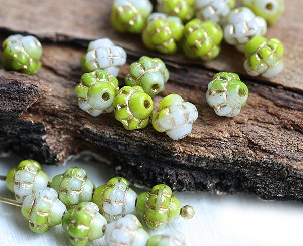 6mm Green and White small fancy bicone beads, Golden Inlays, 60pc