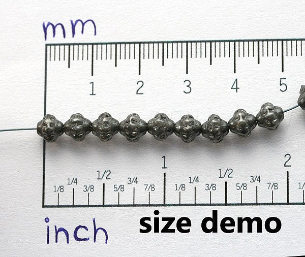 6mm Fancy small bicones, Gunmetal Luster, Dark Grey Czech glass pressed beads - 30Pc