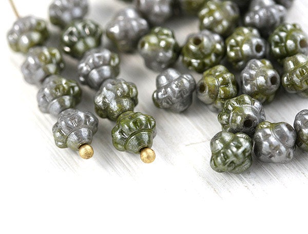 6mm Fancy small bicone beads, Khaki Green czech glass, Grey Lustered - 30Pc